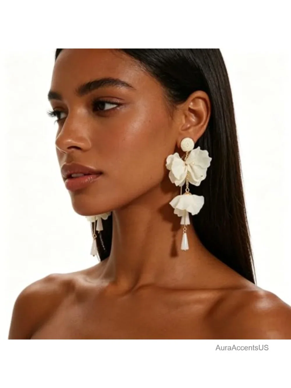 Chiffon Fabric Dangle Tassel Floral Drop Earrings For Women Bohemian Wedding